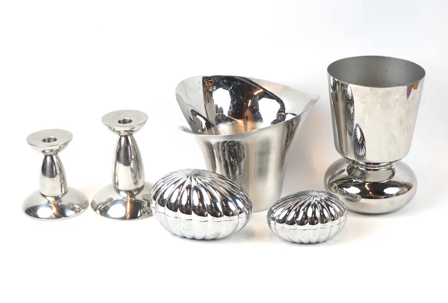 Bonbonjärer, ljusstakar och vaser, 6 delar, metall, Georg Jensen och Erik Bagger.