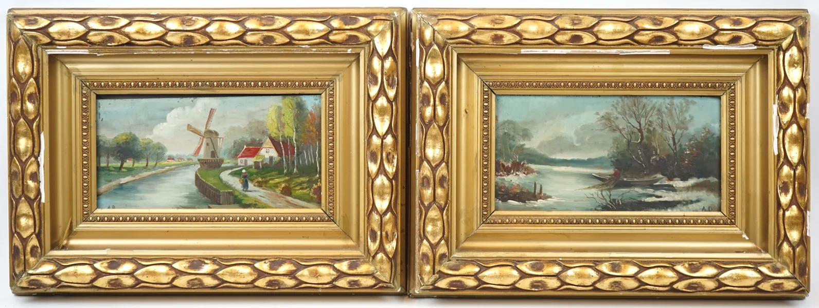 Oidentifierad konstnär, olja på pannå, 2 st, signerad A.D.