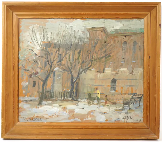 Oidentifierad konstnär, ''St.Klara'', olja på pannå, monogramsignerad P.S.N, 1948.