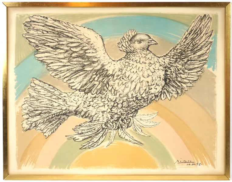 Pablo Picasso, efter, "Colombe volant (À l'arc-en-ciel)", litografi, signerad i trycket.