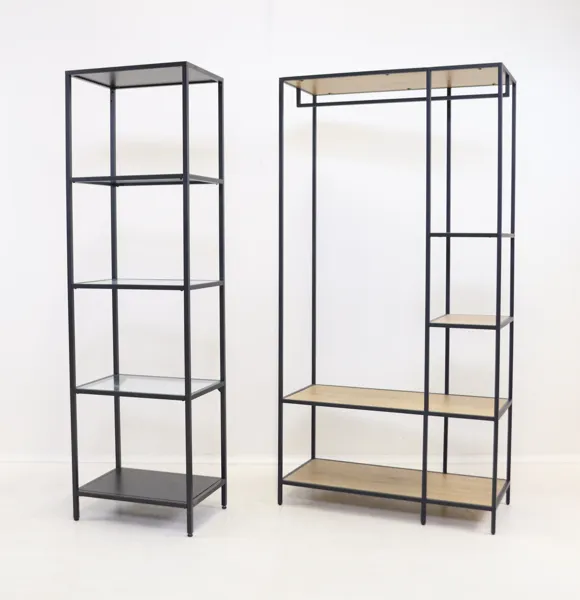 Hyllor, 2 st, metall/trä/glas.