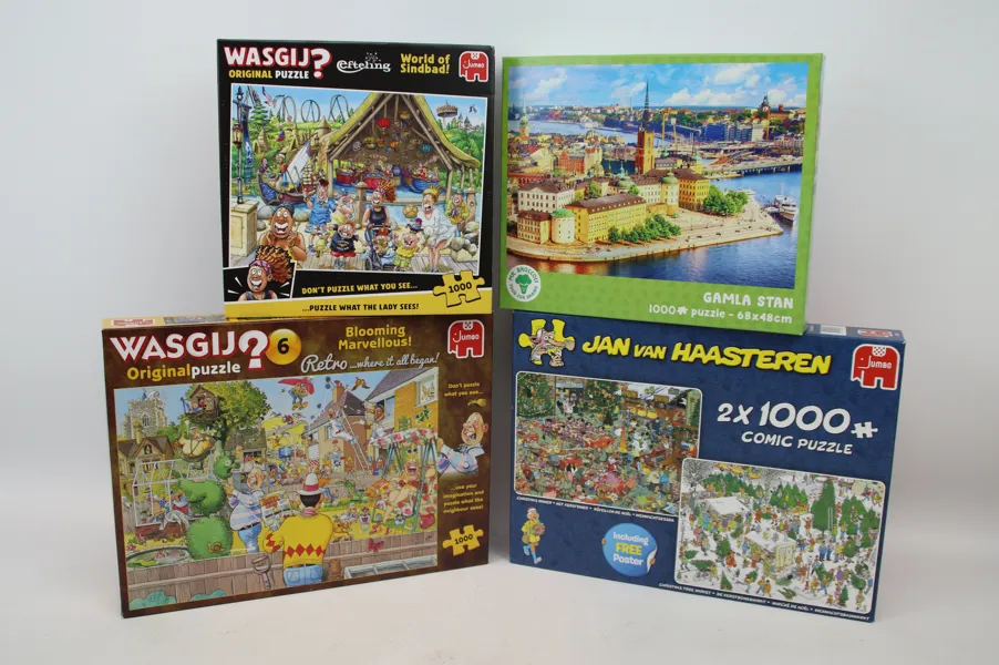 Pussel, 5 st á 1000 bitar, bl.a Wasgij.