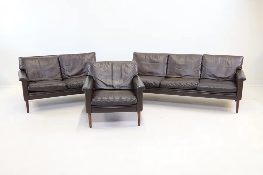 Soffgrupp, 3 delar, skinn/trä, "Dunelle", IKEA, 1960-tal.
