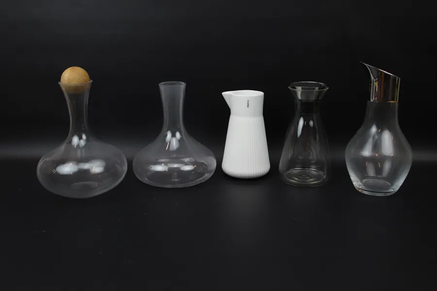 Karaffer, 5 st, glas/keramik/metall, bl.a Georg Jensen.