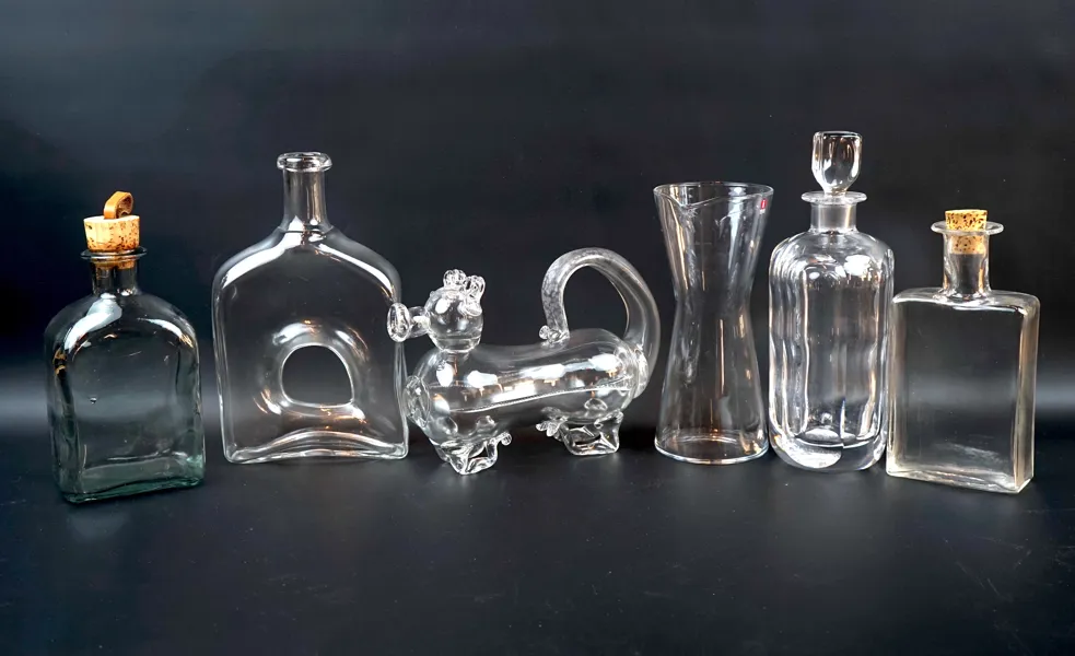 Karaffer och fyllehund, 6 delar, glas, bl.a Iittala.