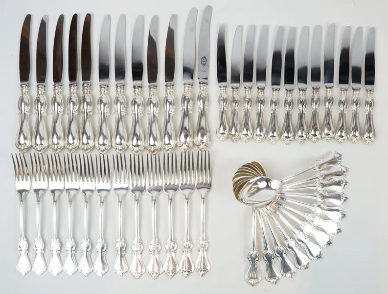 Bestickservisdelar, 48 st, silver, ''Olga''.
