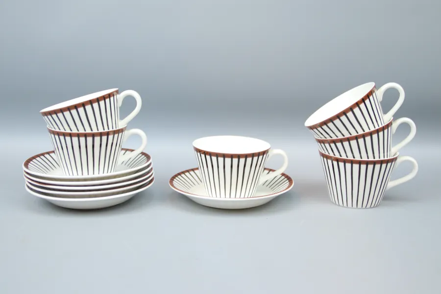 Stig Lindberg, kaffeservis, 6 delar, benporslin, "Spisa Ribb", Rörstrand.