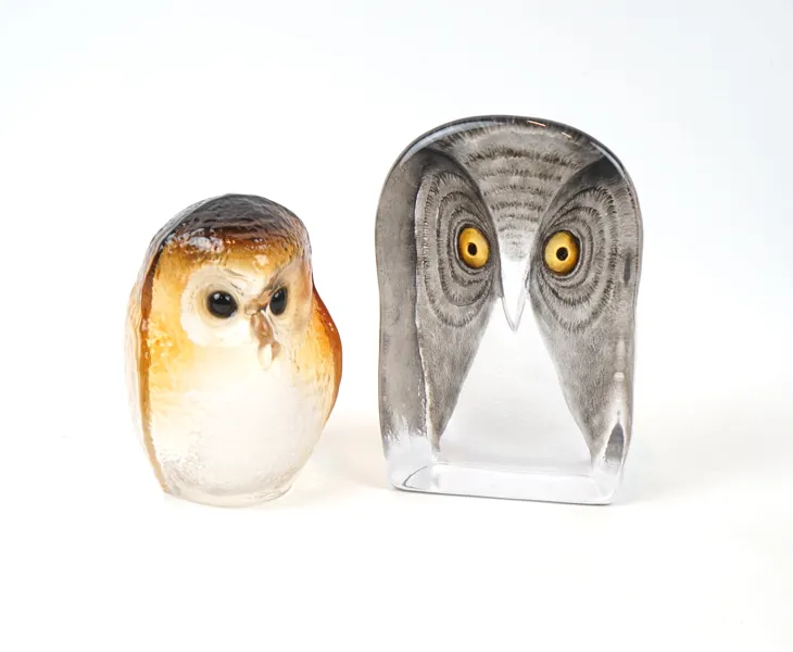 Glasskulpturer, ugglor, 2 st, glas, Målerås Glasbruk.