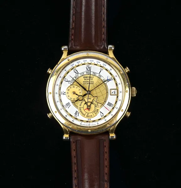 Seiko Perpetual Calendar, armbandsur, quartz,  stål, läderarmband.