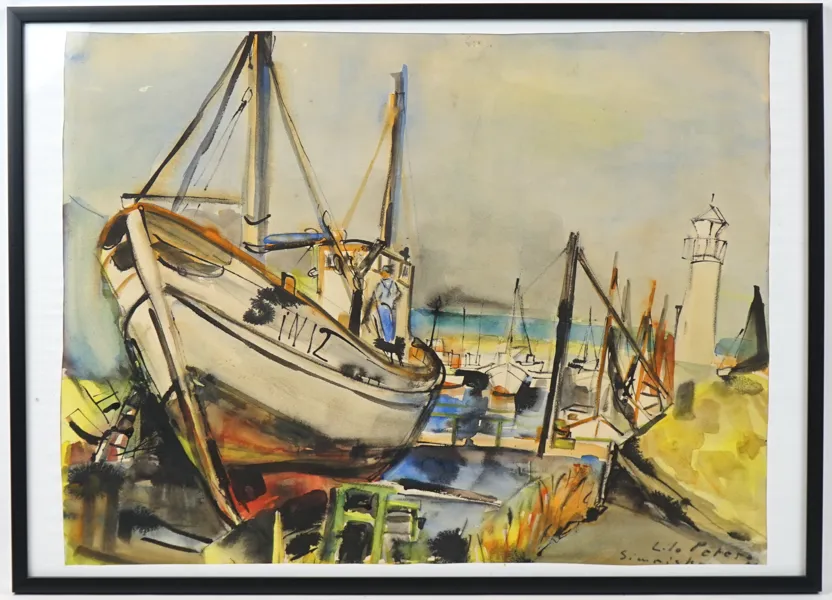 Lilo Peters, ''Simrishamn'', akvarell, signerad.