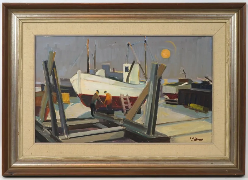 Eskil Skans, ''Kväll i hamn'', olja på pannå, signerad.