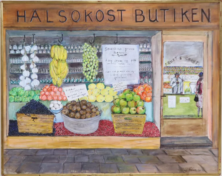 Leif Nielsen, "Hälsokostbutiken", olja på träpannå, signerad, daterad 84.