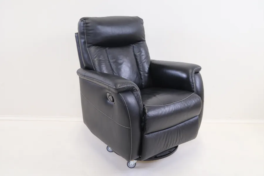Reclinerfåtölj, skinn, ställbar, snurrbar.