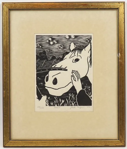 Belle Engman, ''Häst'', träsnitt 29/150, signerad, 1976.