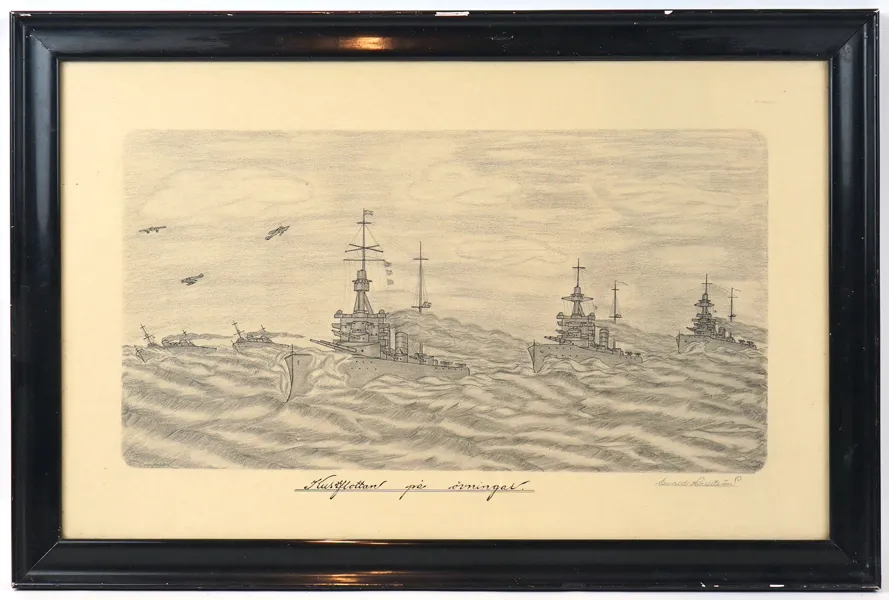 Oidentifierad konstnär, ''Kustflottan på övningar'', blyerts, signead Ewald Hallström.