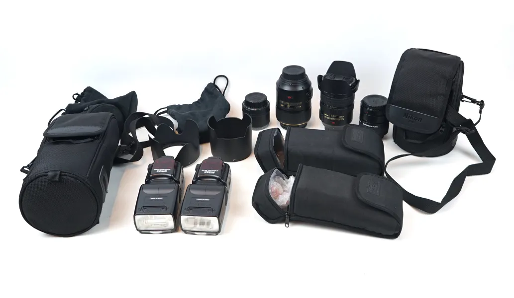 Objektiv, blixt m.m, ett parti, Nikon.