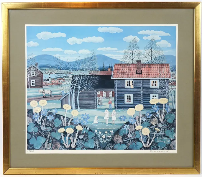 Stina Sunesson, ''Vår i byn'', offsetlito nr 39/360, signerad.